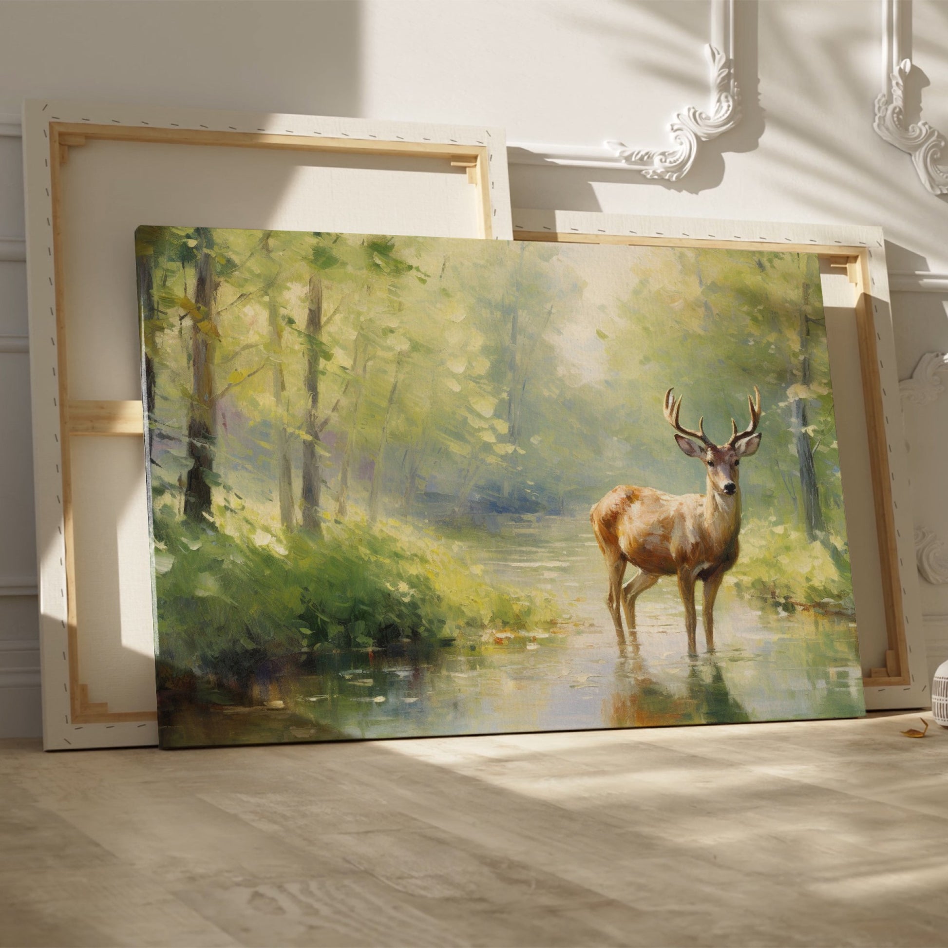 Framed canvas print depicting an impressionistic scene of a deer in a lush green forest with sunlight filtering through