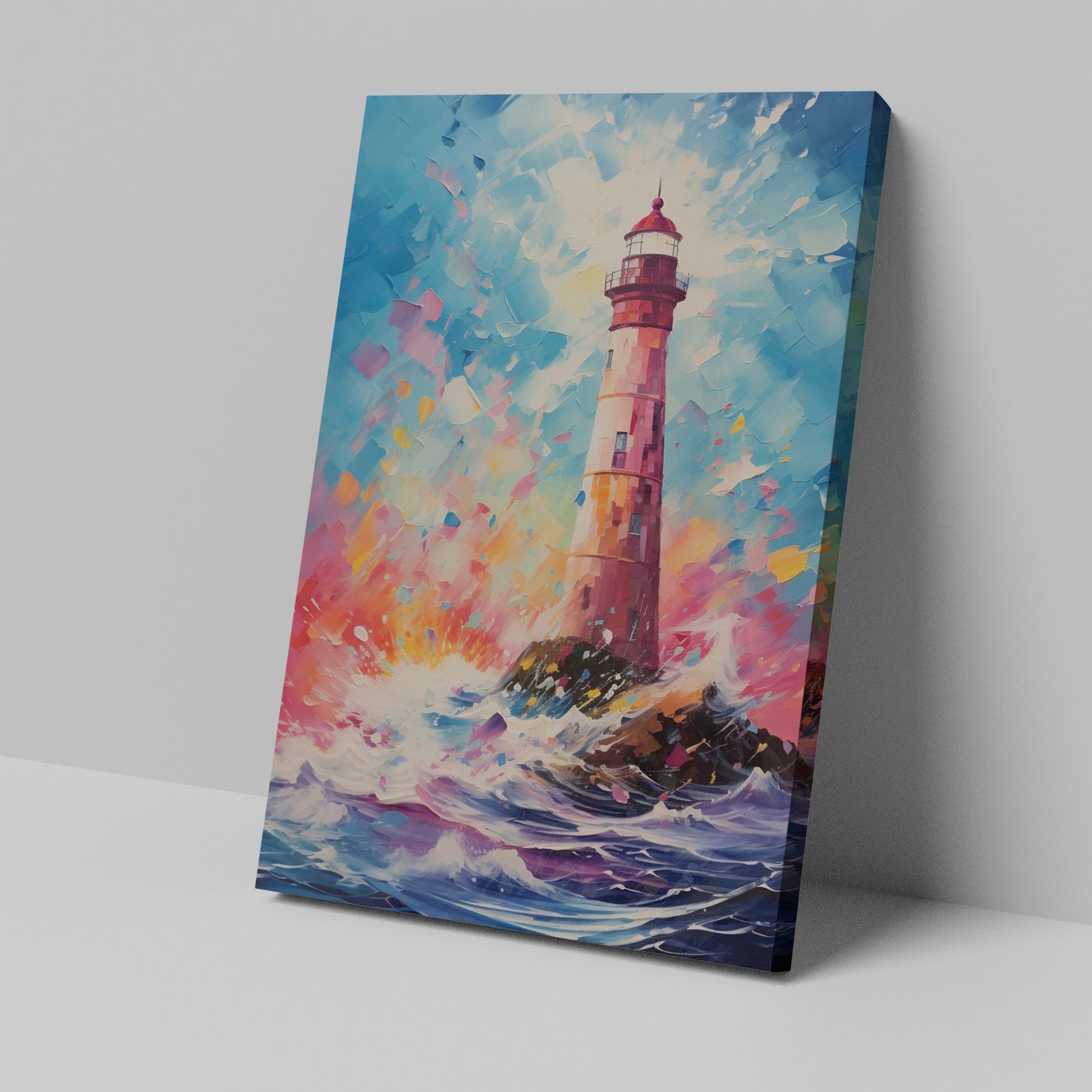 Framed canvas print of an abstract lighthouse and seascape with bold, vibrant colours