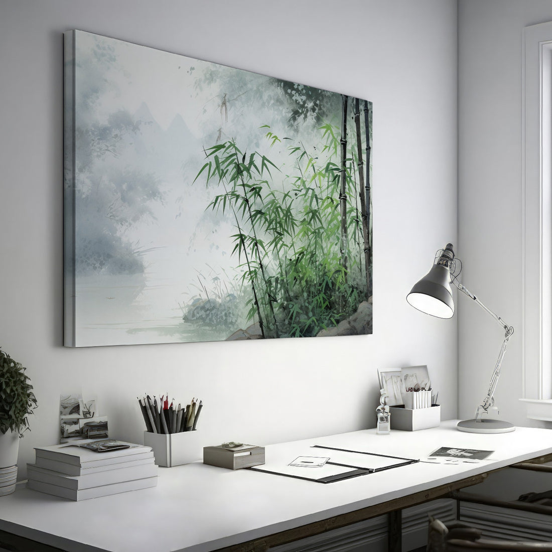 Framed canvas print of misty bamboo forest with mountains in traditional Oriental style