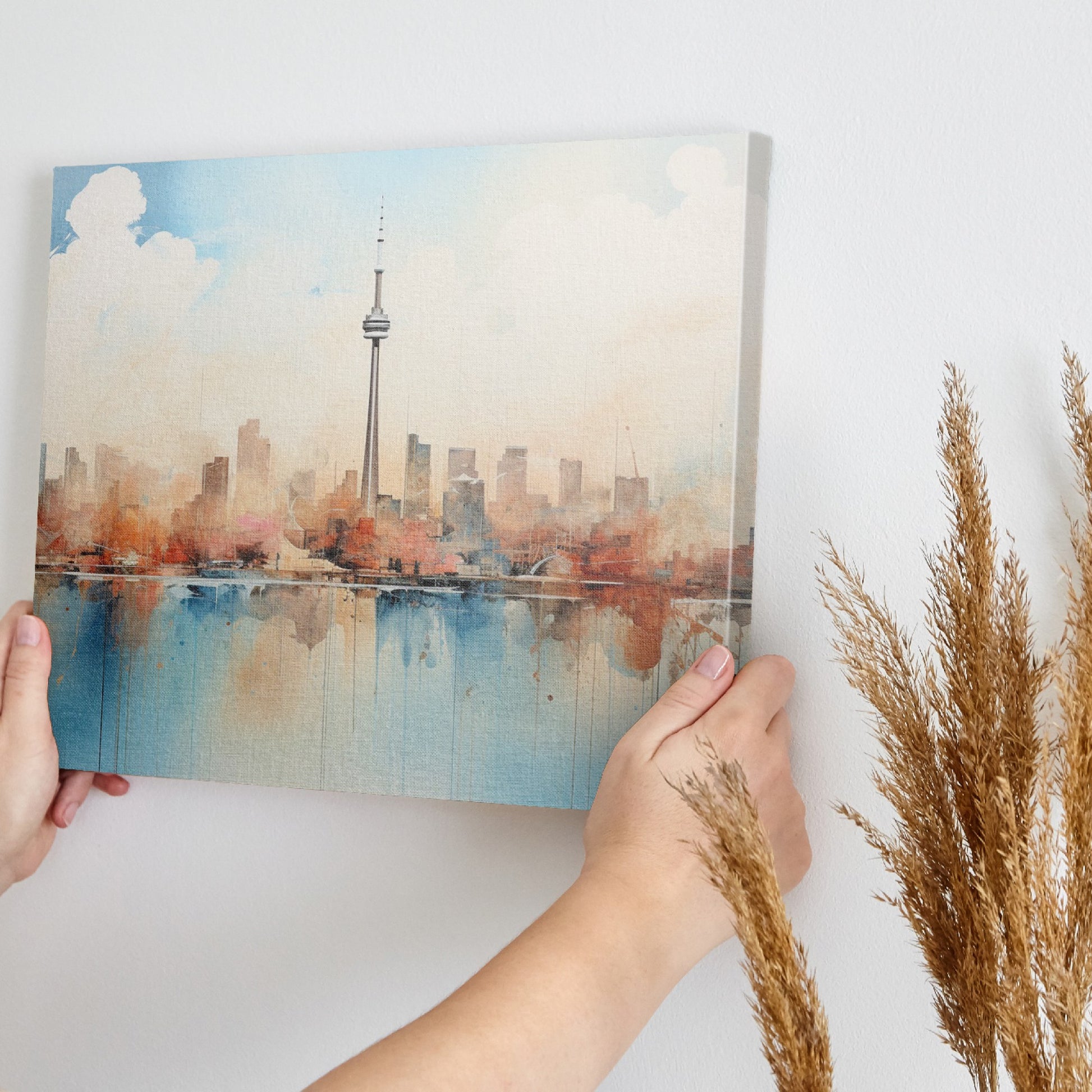 Framed canvas print of a soothing abstract cityscape with watercolour skyline and reflections