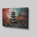 Framed canvas print of an oriental pagoda in crimson and teal colours with moonlit scenery