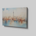 Framed canvas print of a soothing abstract cityscape with watercolour skyline and reflections