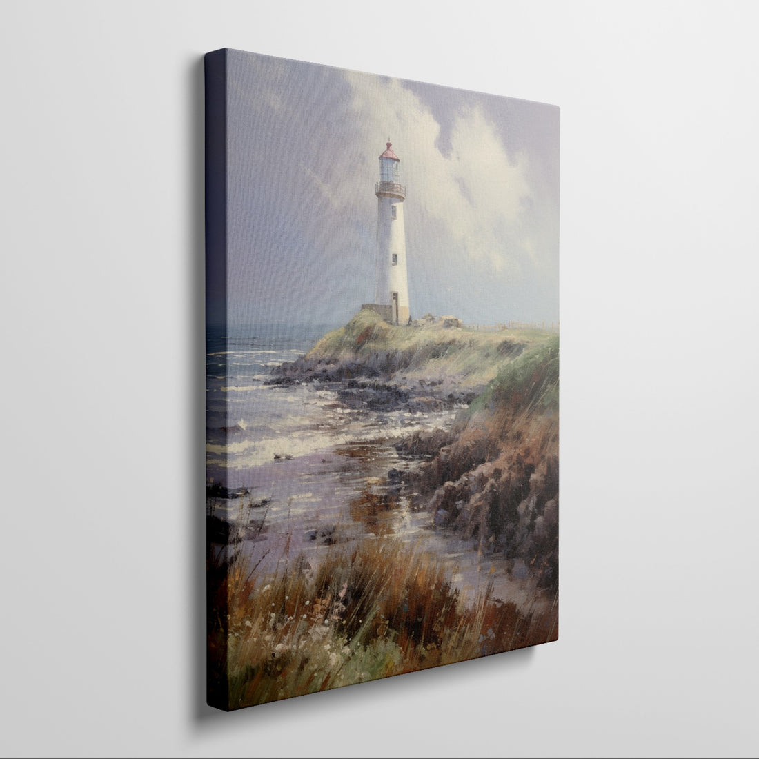 Framed canvas print of a tranquil coastal scene with a lighthouse on a sunny day