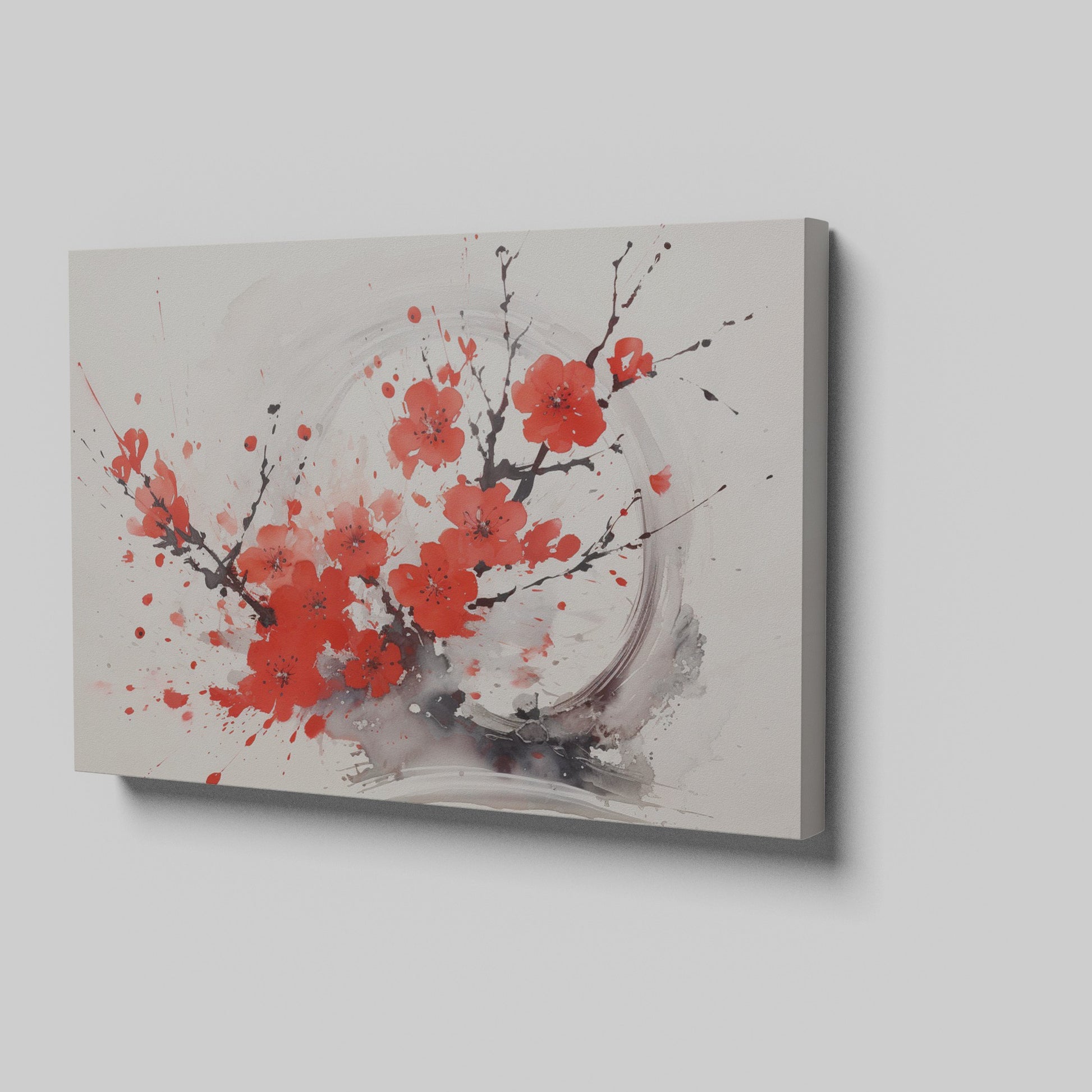 Framed canvas print of abstract ink wash cherry blossoms in vibrant red and black