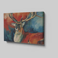 Framed canvas print of a vibrant, expressive deer with bold red and blue colours