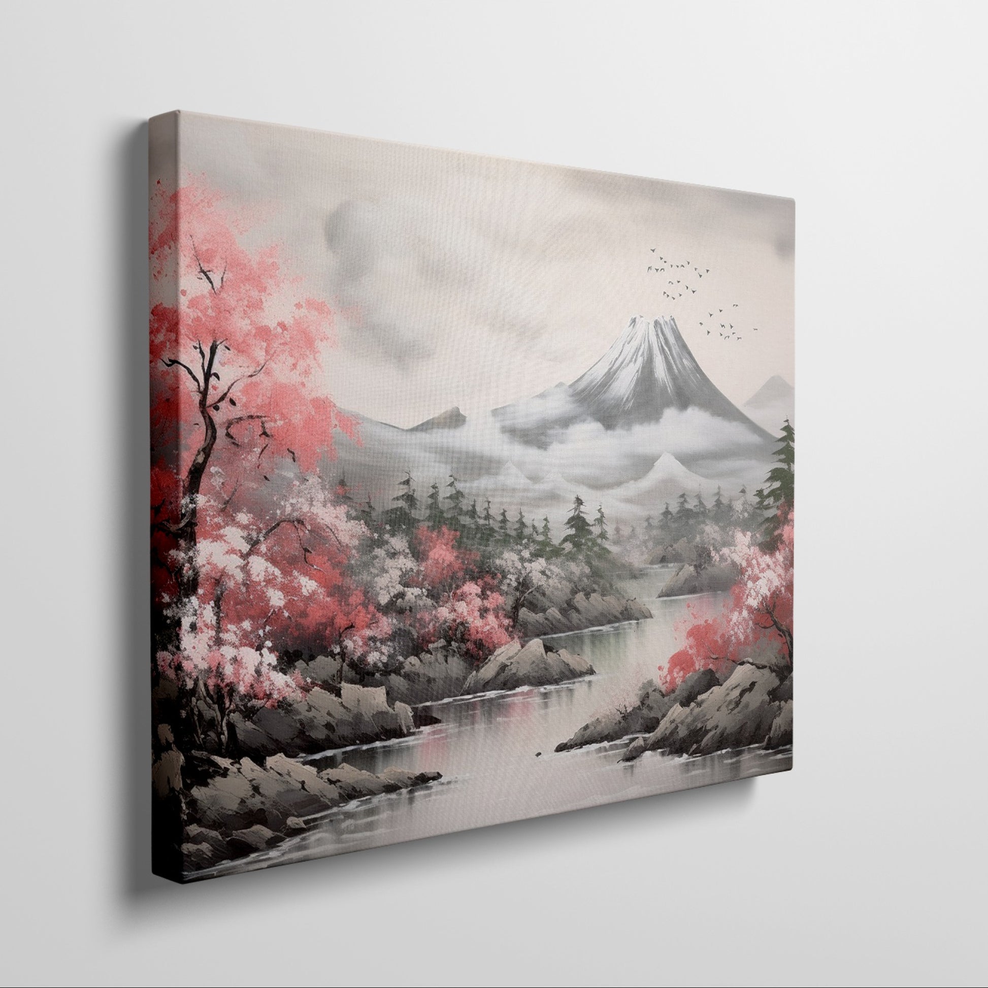 Framed canvas print of a serene landscape with cherry blossoms and a mountain