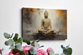 Framed canvas print of a meditative Buddha against an abstract, warm-toned background