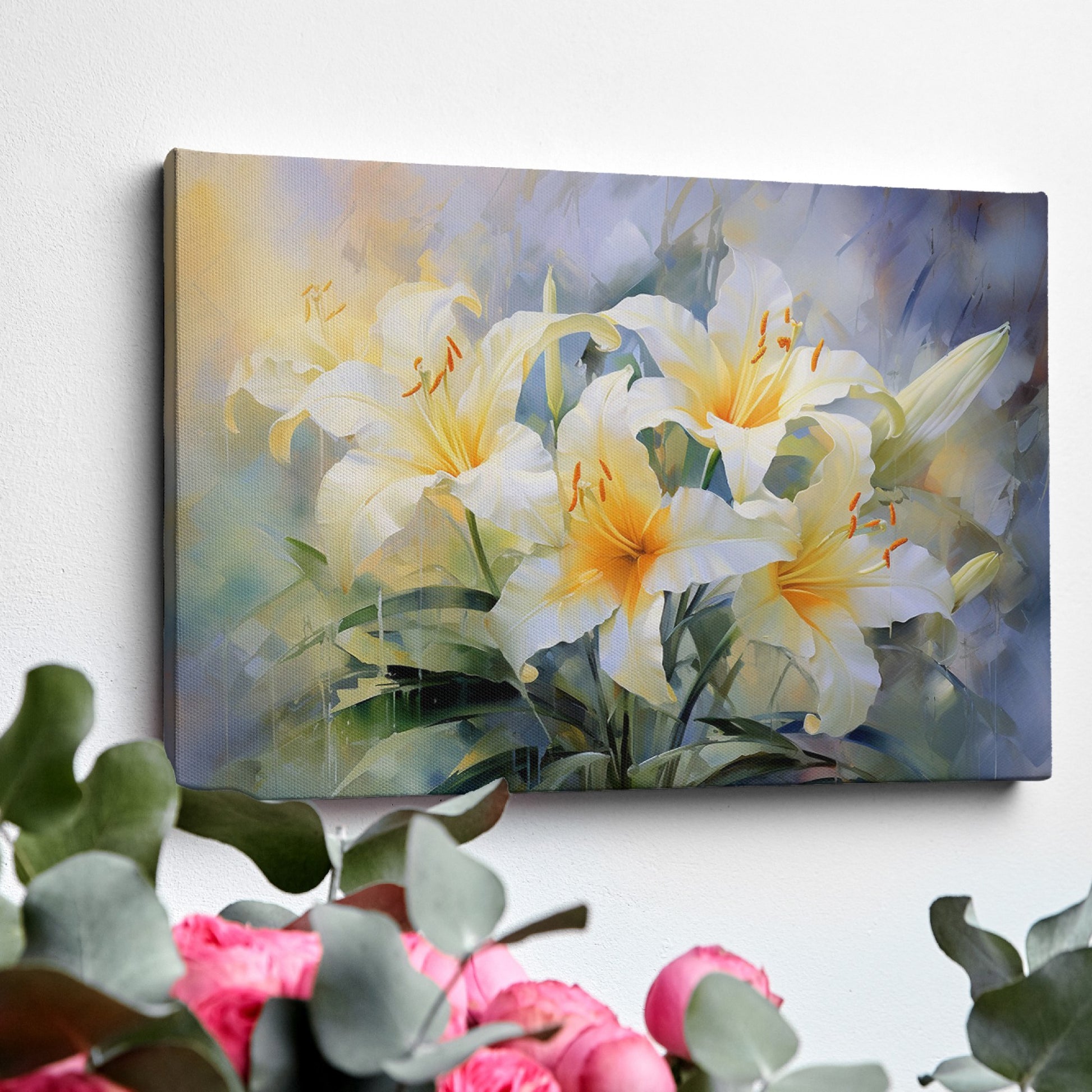 Framed canvas print of impressionist style lilies in vibrant cream and yellow hues