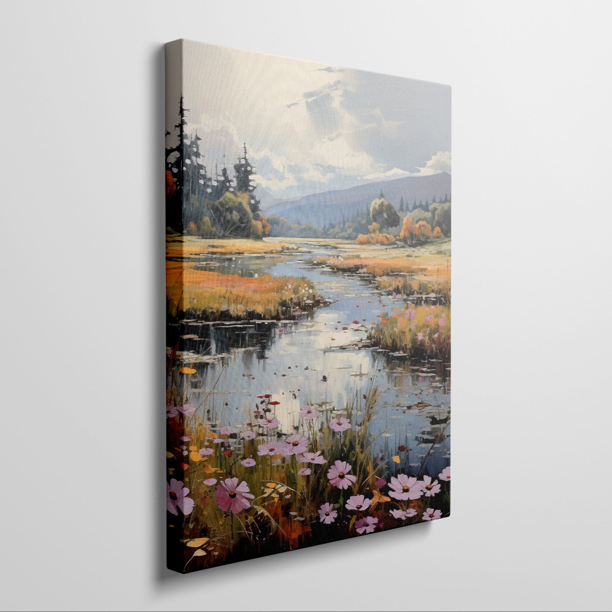 Framed canvas print of an autumnal river landscape with vibrant wildflowers and a tranquil woodland stream