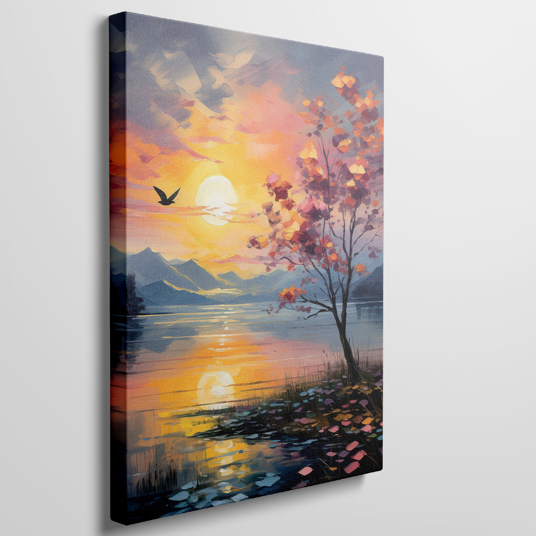 Framed canvas print of an impressionist autumn sunset with vibrant colours over a serene lakeside