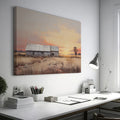 Framed canvas print of a rustic barn surrounded by tranquil fields at sunset, with warm golden and earthy tones.