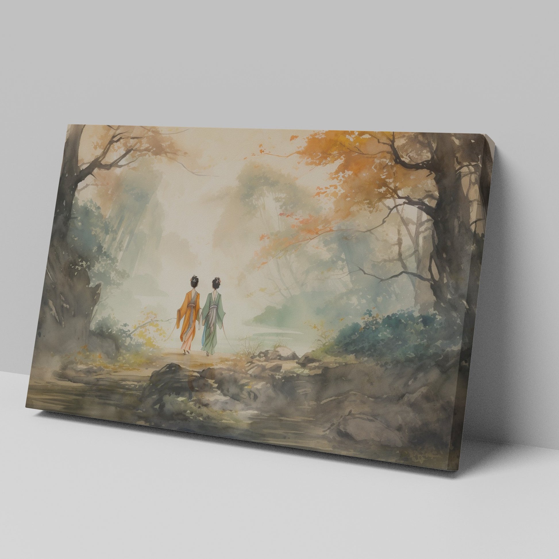 Watercolor painting of a couple walking in an autumnal Oriental landscape with misty background and vibrant foliage