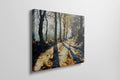 Framed canvas print of a sunlit forest pathway with golden tones and tree silhouettes