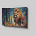 Framed canvas print of an abstract geometric lion in a vibrant autumn forest