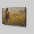 Framed canvas print of a man walking through a golden wheat field during sunset with a rustic feel