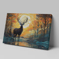 Abstract canvas art of a deer in a sunset forest scene with vibrant orange and blue colors.