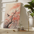 Framed canvas print of watercolour bird flying near red leaves on a tree