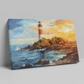 Framed canvas print of a vivid impressionist lighthouse at sunset with dynamic ocean waves