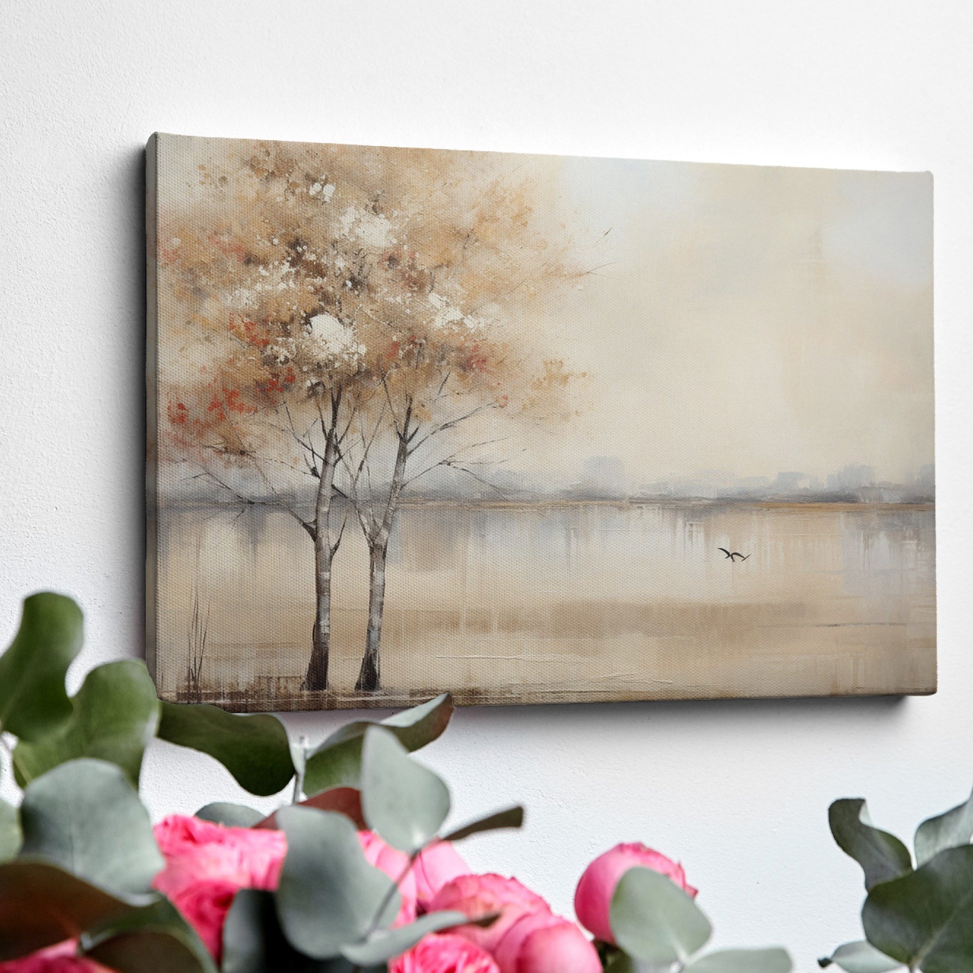 Framed canvas print of misty autumnal river scene with leafless trees and bird in flight