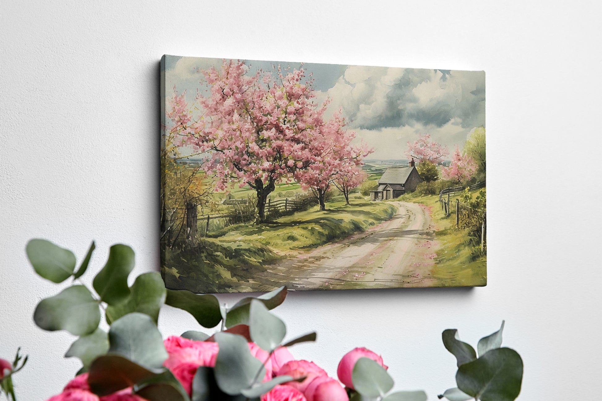 Framed canvas print of a picturesque countryside with cherry blossoms and a farmhouse