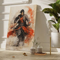 Framed canvas print of dynamic Samurai warrior in action with vibrant splashes of red and bold ink splatters