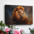 Framed canvas print of a majestic lion portrait, with detailed mane and warm earthy colours