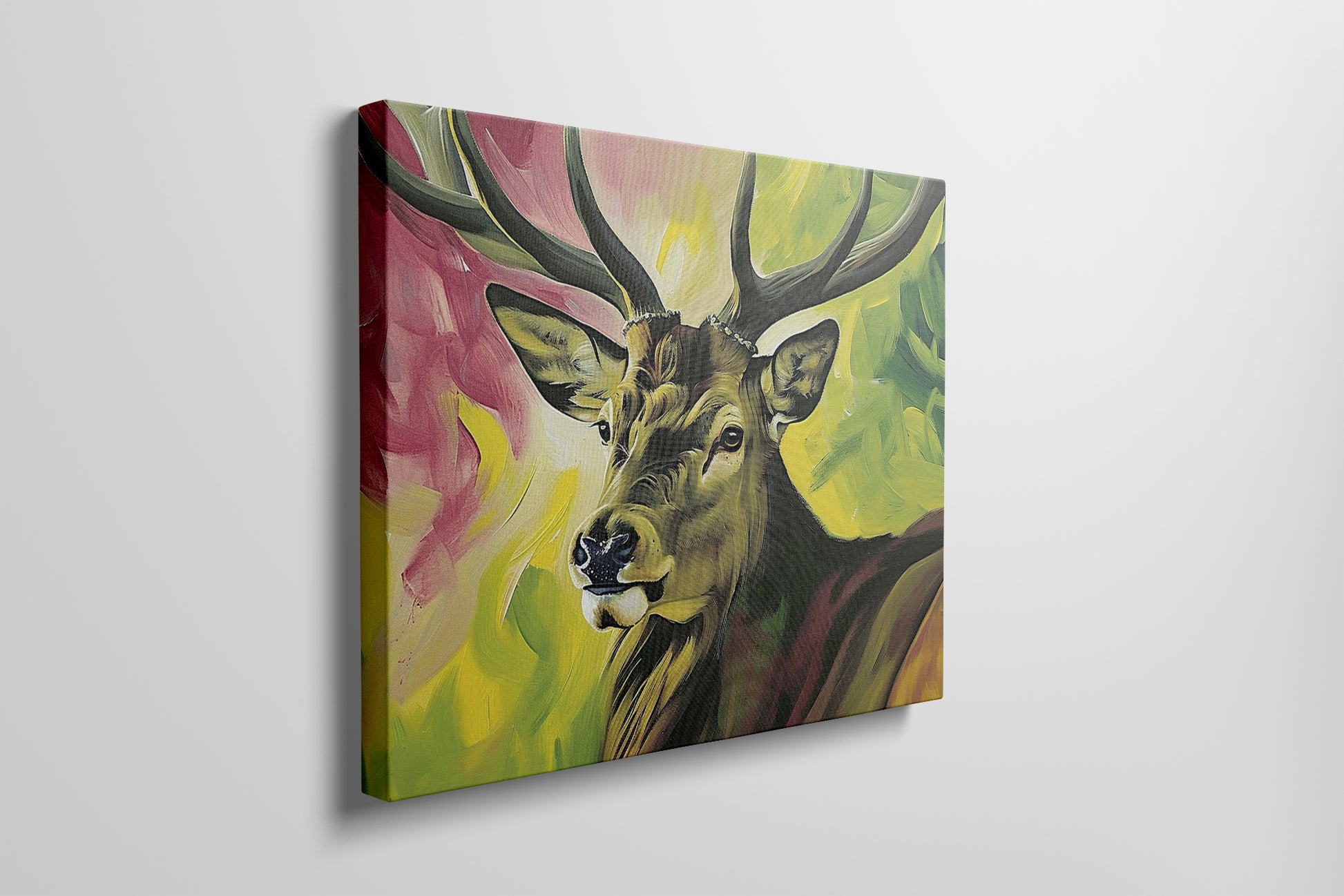 Framed canvas print of a vibrant stag painting with a multicoloured background