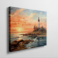 Framed canvas print of a lighthouse overlooking the ocean at sunset with vibrant sky and calm water reflections