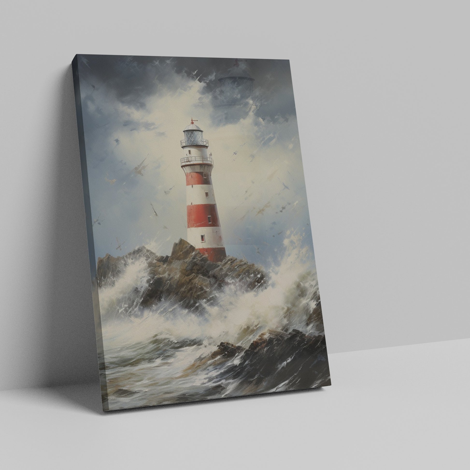 Framed canvas print of a lighthouse on rocky shores with turbulent waves and stormy sky