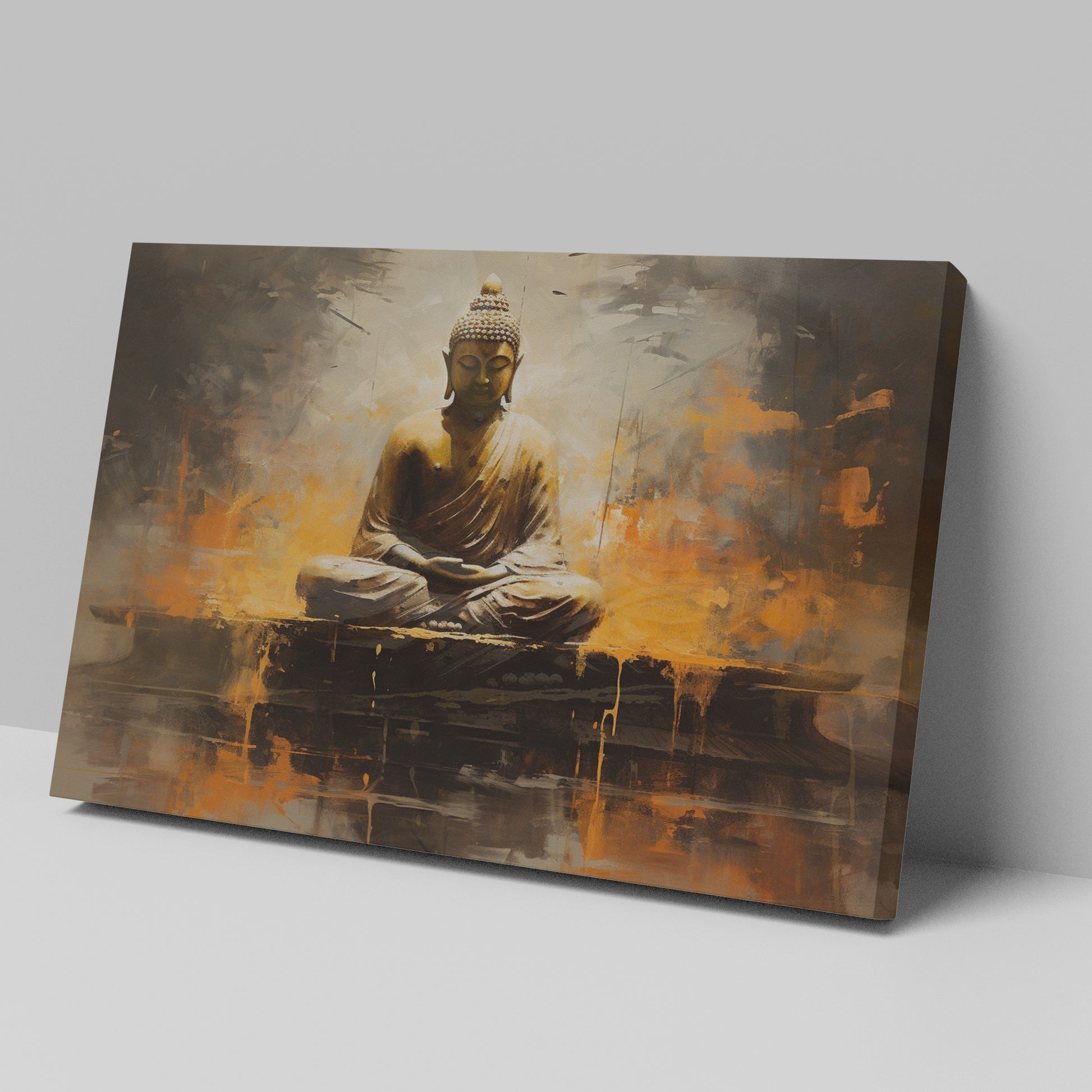 Framed canvas print of a serene Buddha in abstract style with warm orange and brown tones