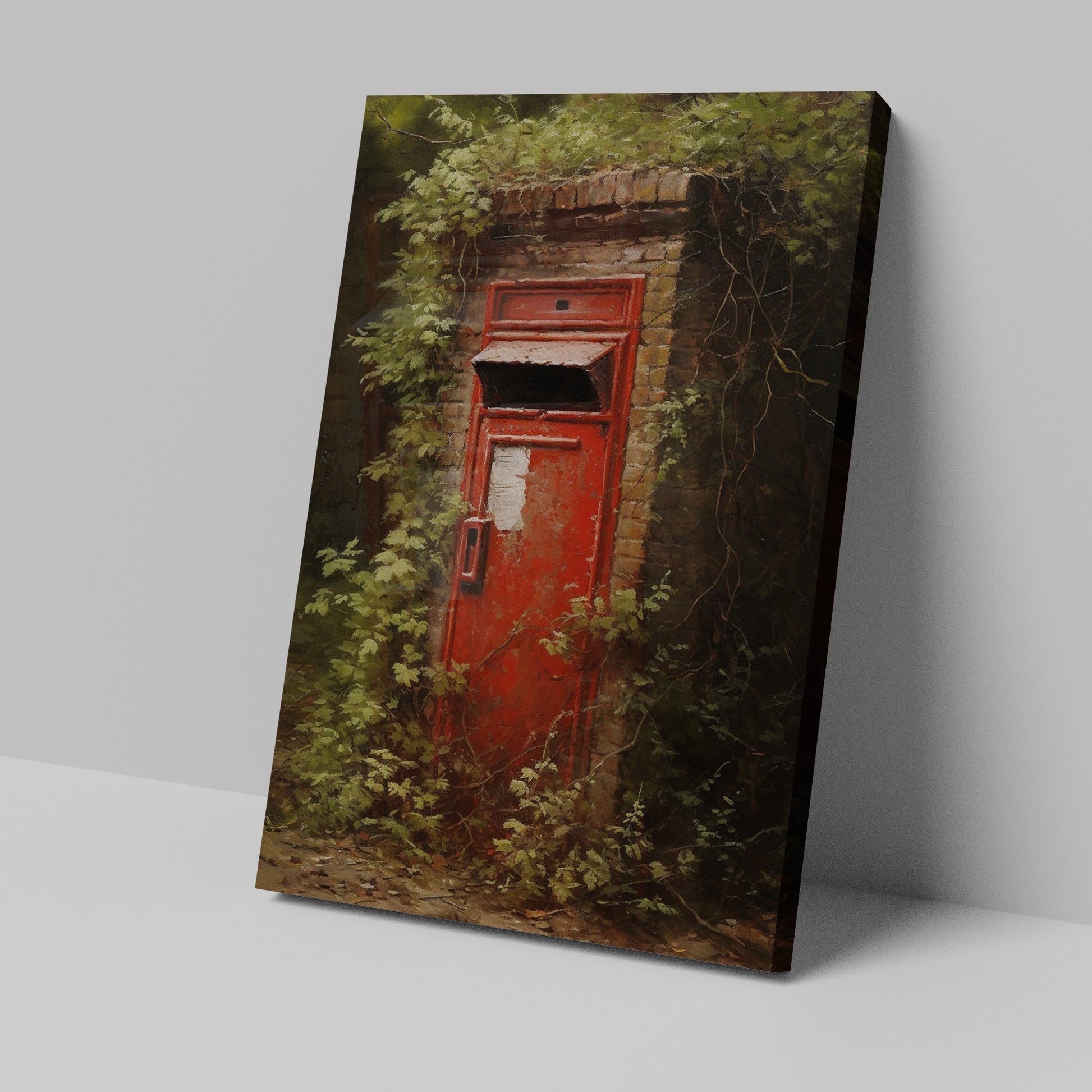 Framed canvas print of a vintage British red postbox entwined with green foliage in a forest