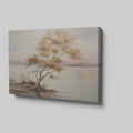 Framed canvas print of a tranquil lake landscape with an autumn tree at dusk