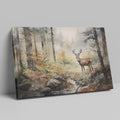 Framed canvas print of a majestic stag in a misty woodland with autumn colours