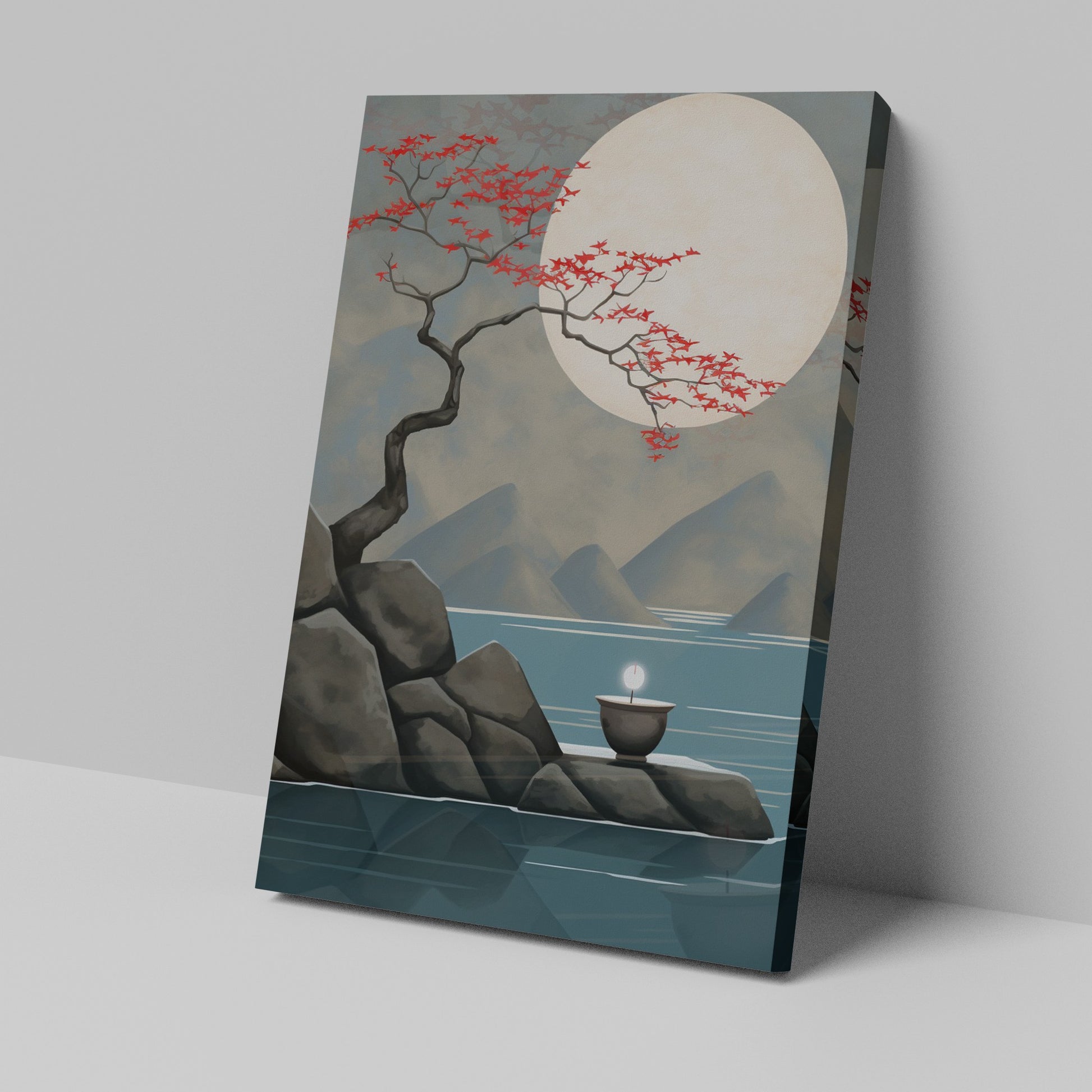 Framed canvas print of moonlit cherry blossoms over mountains with a gentle water reflection