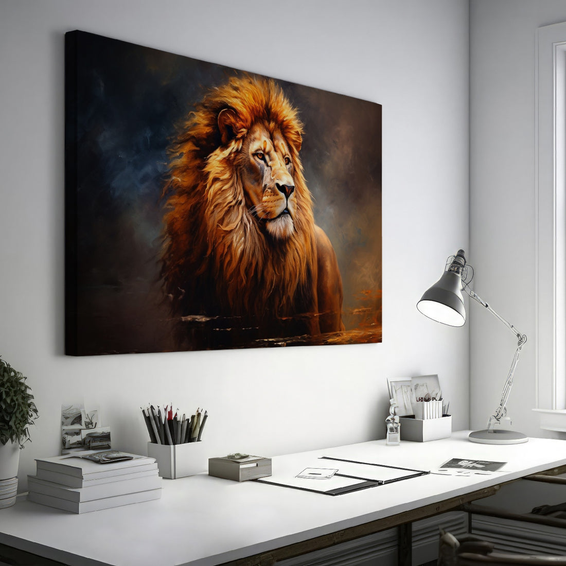 Framed canvas print of a majestic lion portrait, with detailed mane and warm earthy colours