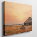 Framed canvas print of a rustic thatched cottage in a countryside landscape at sunset with warm golden and orange hues