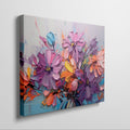 Framed canvas print of vibrant botanical impasto, with textured flowers in bright colours