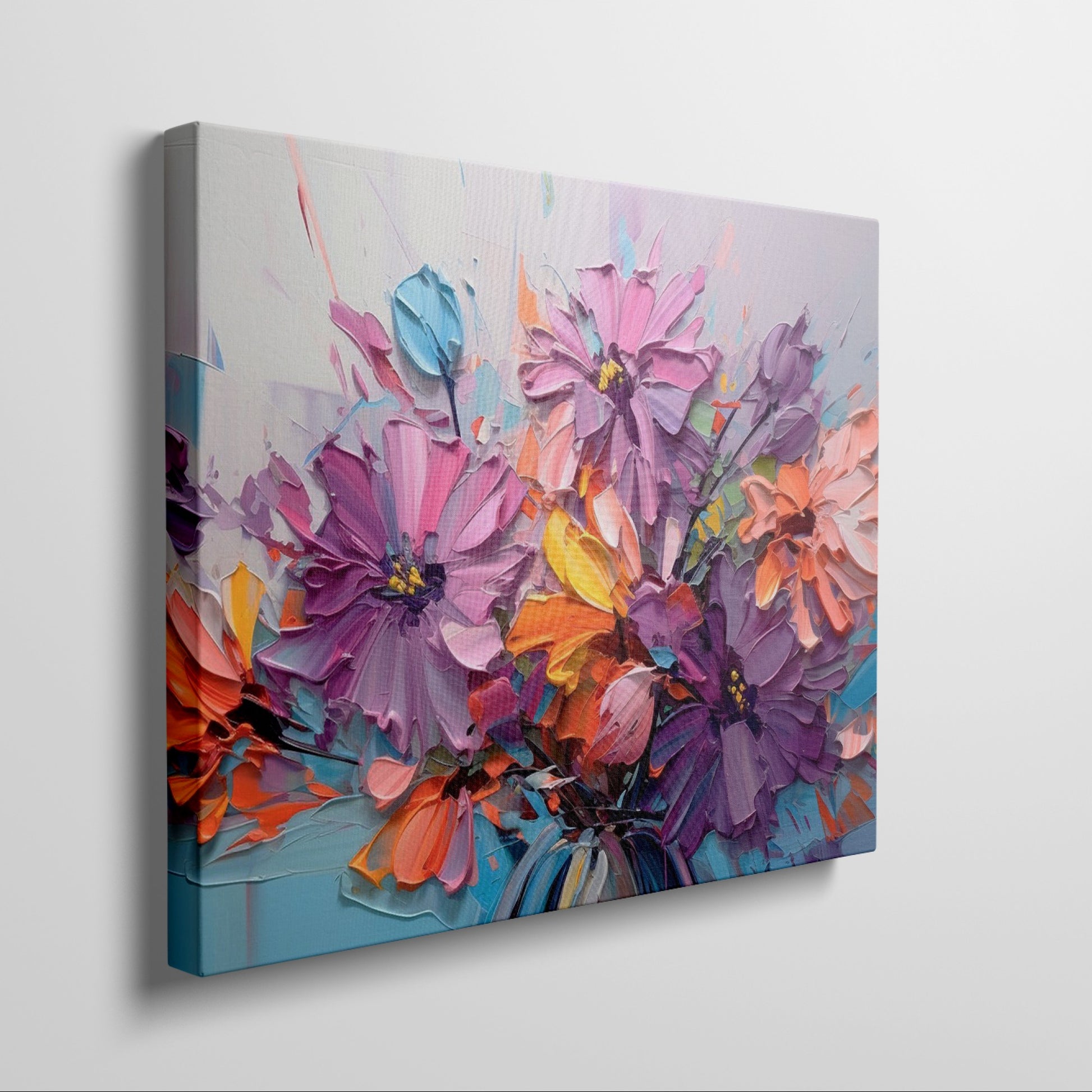 Framed canvas print of vibrant botanical impasto, with textured flowers in bright colours