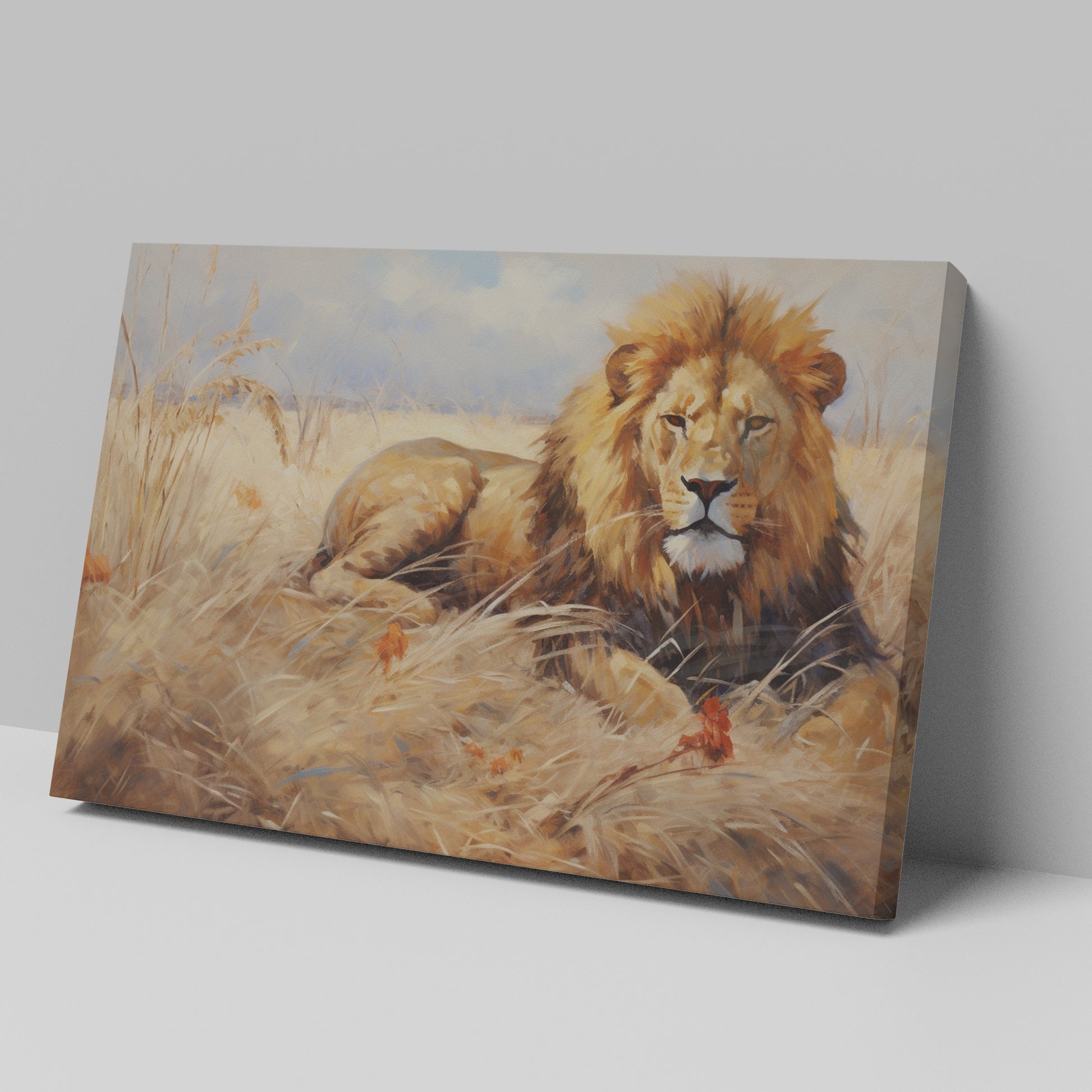 Framed canvas print of a realistic lion lying in the grass of the African savanna, with warm golden tones