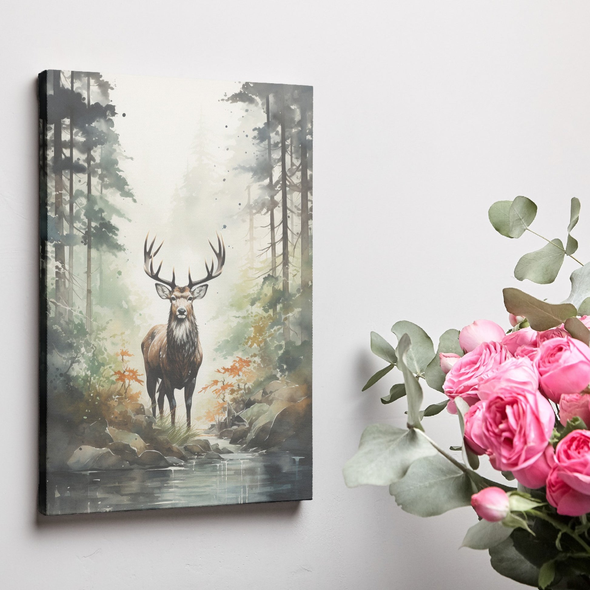 Framed canvas print of a majestic deer in a misty forest with autumnal colours