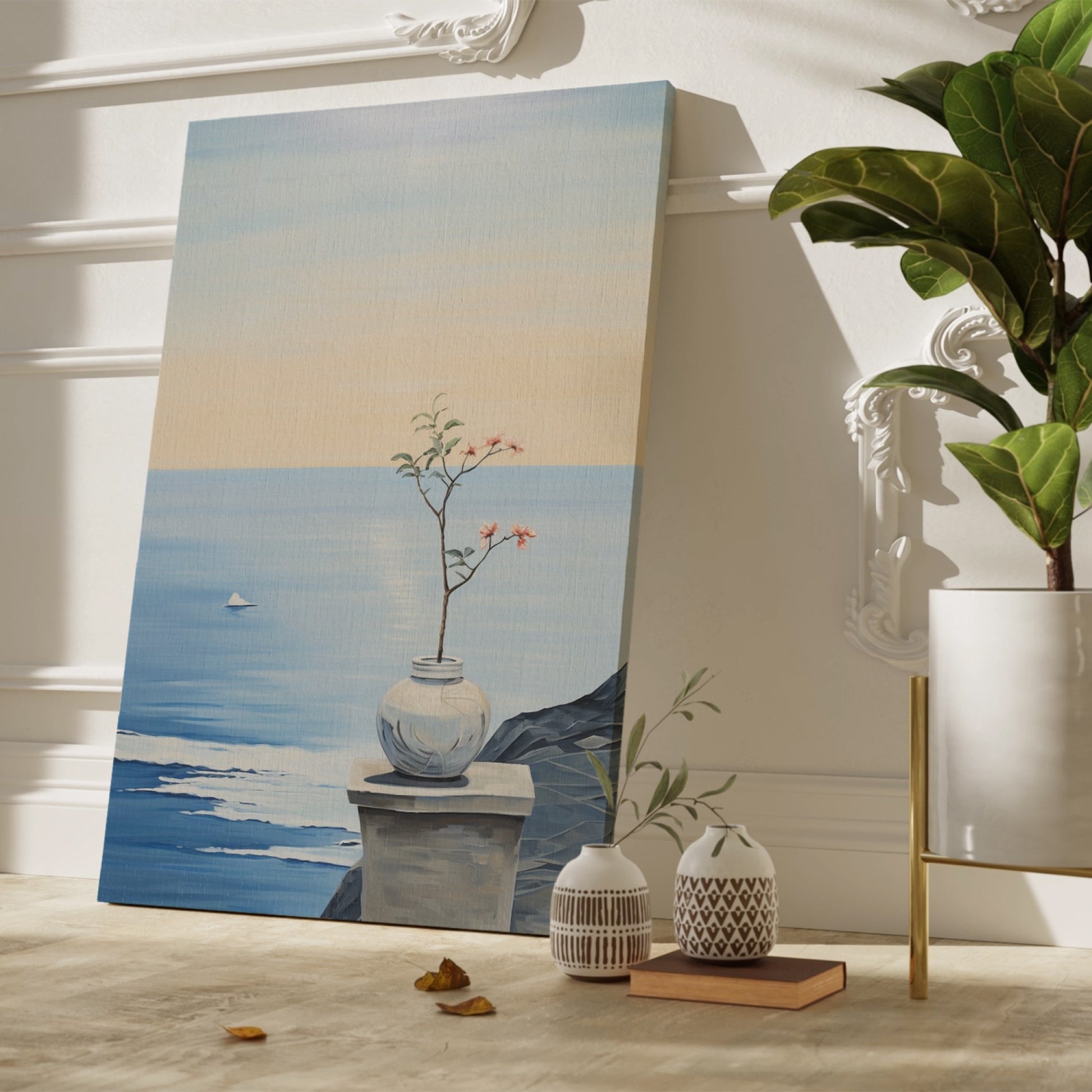 Canvas print of a tranquil ocean view with a blossoming plant in a vase on a ledge