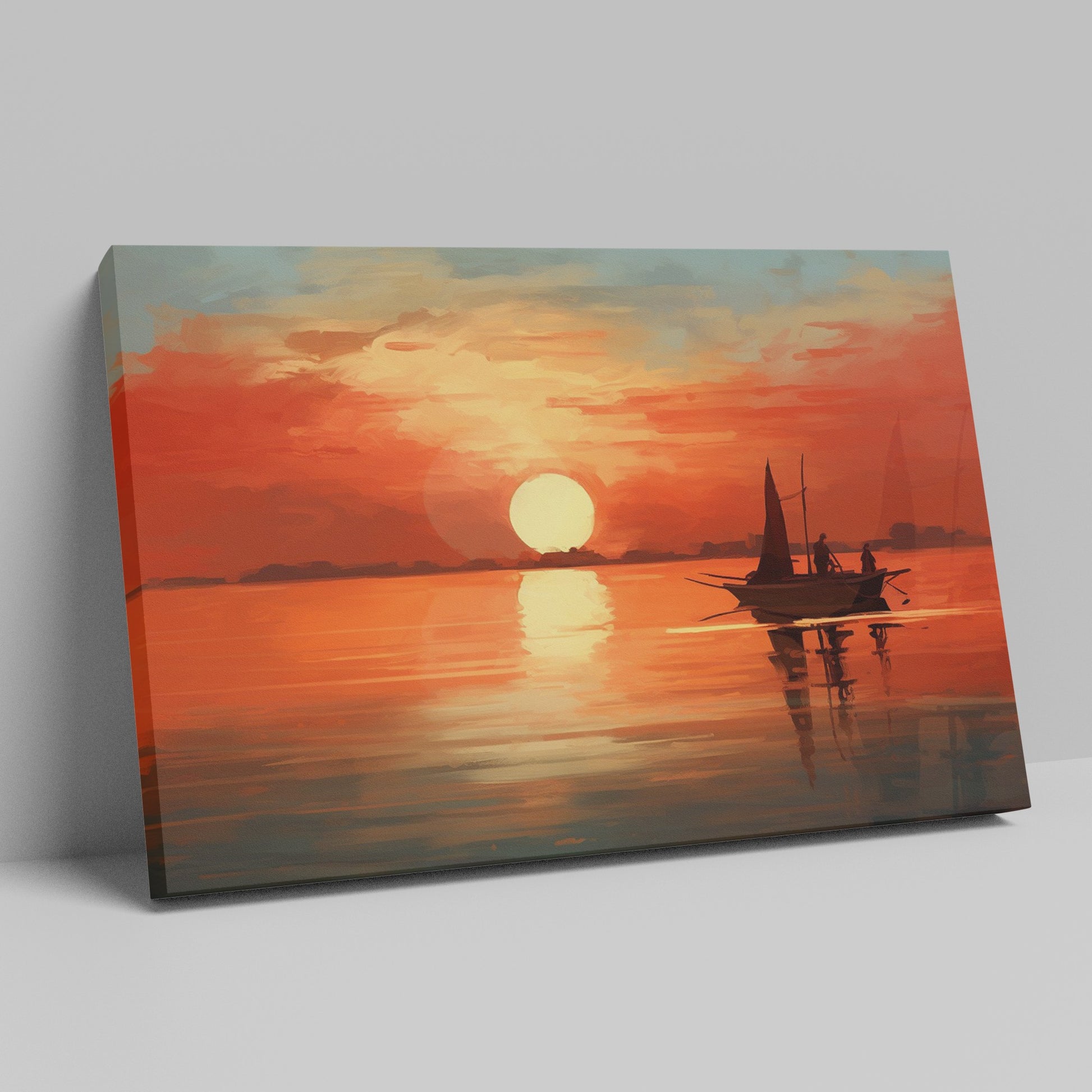 Framed canvas print of a sailboat silhouetted against a sunset with warm red and orange tones