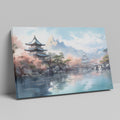 Framed canvas print of traditional Japanese pagoda and cherry blossoms with mountains in the background