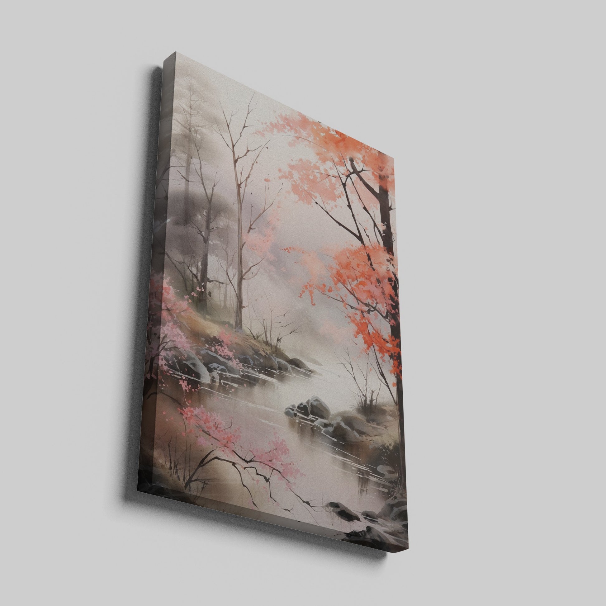 Framed canvas print of a misty forest stream with autumn cherry blossoms in pink and grey hues