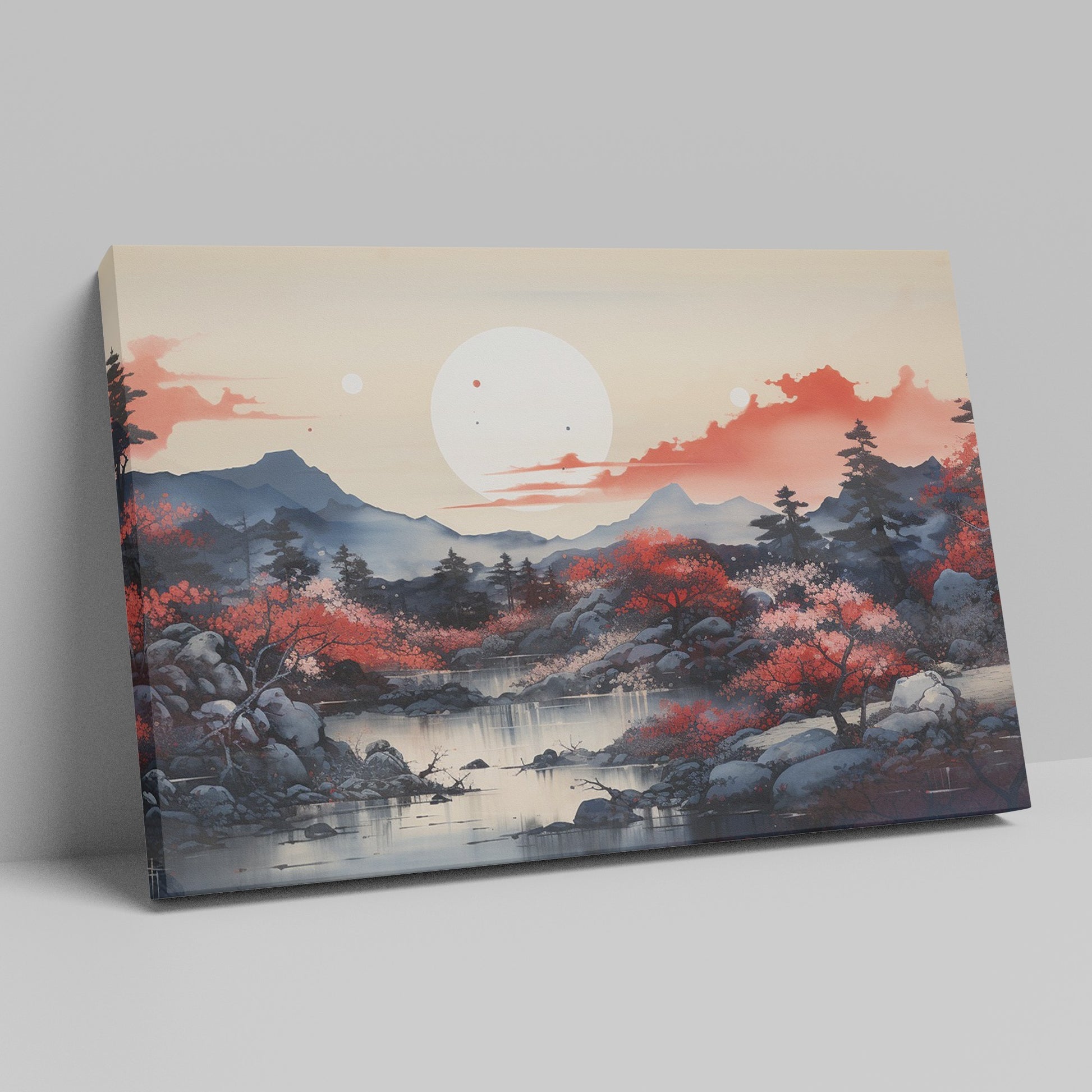 Framed canvas print of oriental autumn landscape with red sakura trees and mountain view