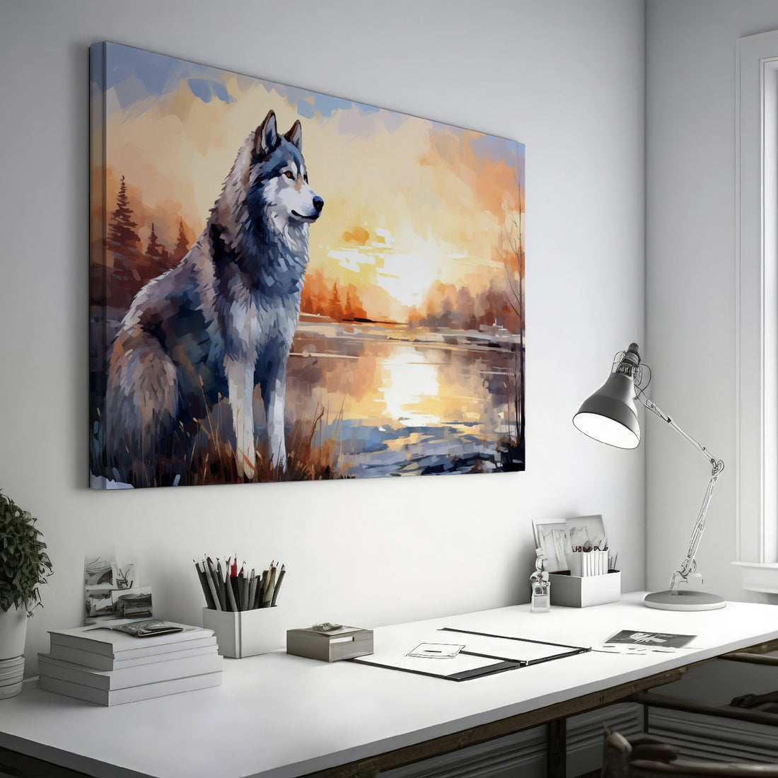 Artistic canvas print showing a wolf in a vibrant autumn landscape with a sunset over a calm lake.