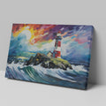 Abstract painting of a lighthouse with colorful brush strokes representing waves and sunset