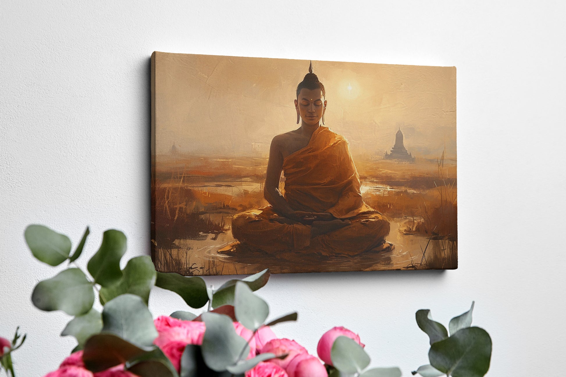 Framed canvas print of a serene meditating Buddha in golden sunset hues with temple silhouette