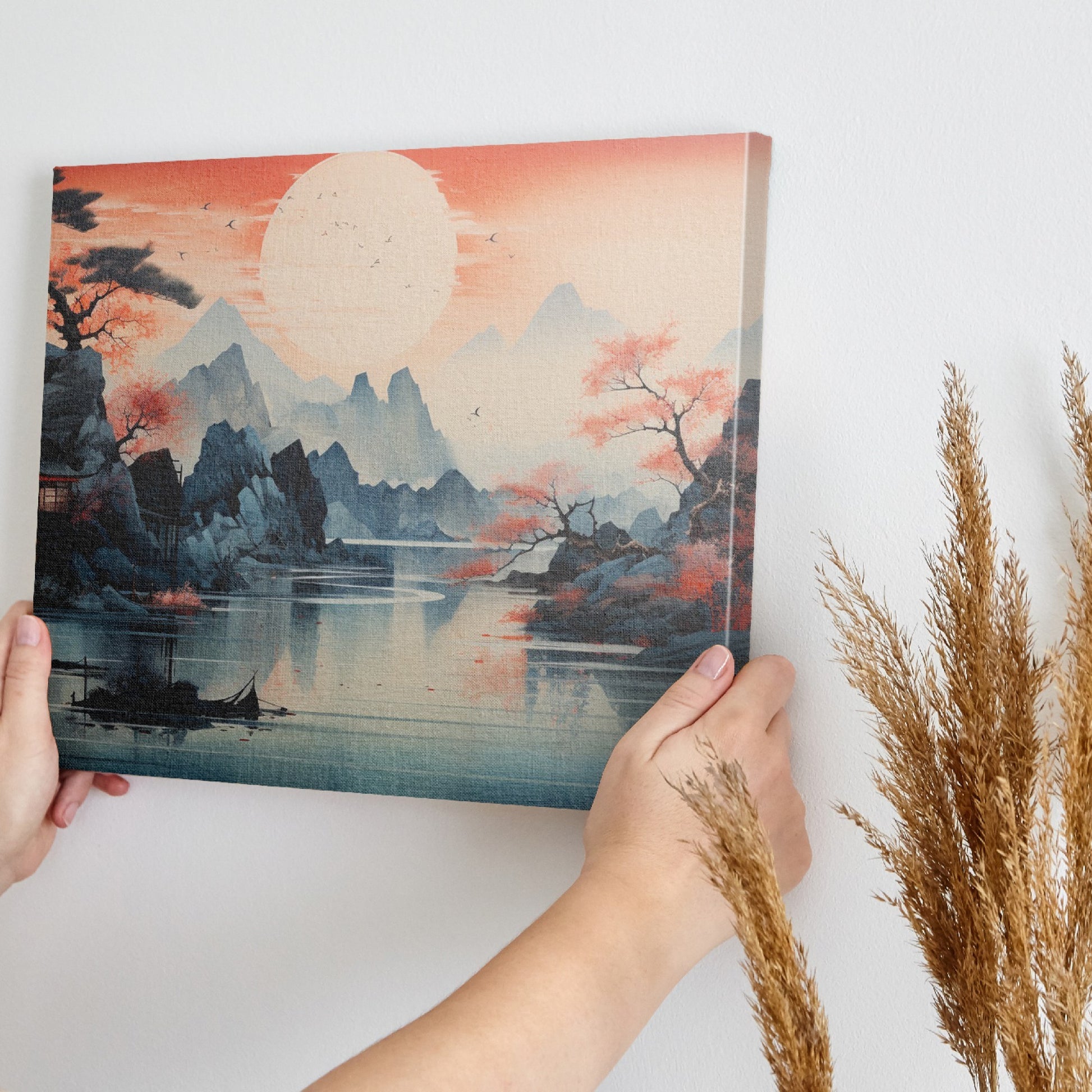 Framed canvas print of an Oriental Sunset with Cherry Blossoms and Mountains