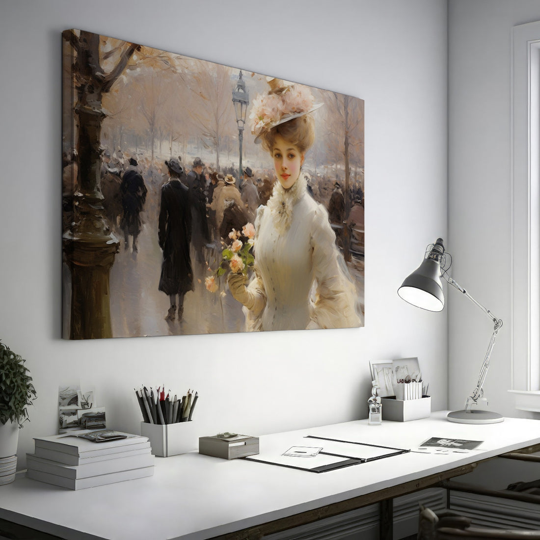 Framed canvas print of an elegant Victorian lady with flowers on a Parisian boulevard